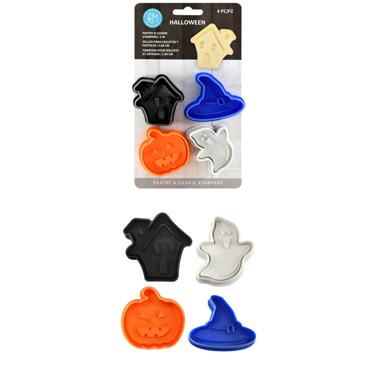 R&M International 0494 Halloween 2" Pastry/Cookie/Fondant Stampers, Haunted House, Witch Hat, Pumpkin, Ghost, 4-Piece Set