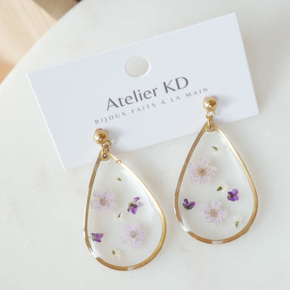 Boucles d'oreilles fleurs Violettes - goutte (XL 32mm)