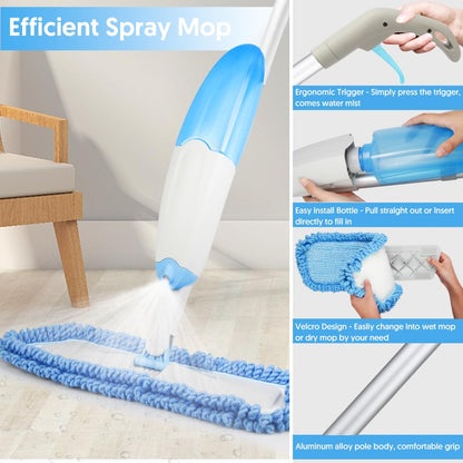 Tina&Tony Microfiber Spray Mop for Floor Cleaning, Hardwood Floor Spray Dry Wet Mop with 3 Reusable Refills Pads & 435ML Refillable Bottle, Kitchen Dust Mop for Hardwood Laminate Tile Floors, Blue 🍁 All In One Marketplace Canada