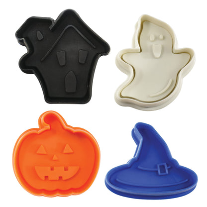 R&M International 0494 Halloween 2" Pastry/Cookie/Fondant Stampers, Haunted House, Witch Hat, Pumpkin, Ghost, 4-Piece Set
