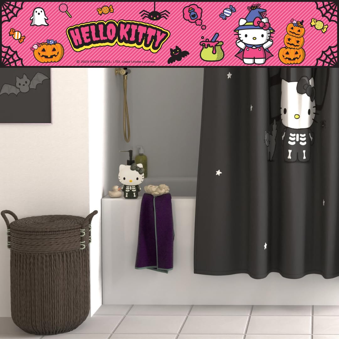 Sanrio Hello Kitty Skeleton Halloween 13-Piece Shower Curtain Set, 72 x 72 Inch Fabric Curtain with Hooks, Bathroom Decor, Machine Washable, (100% Officially Licensed Product) by Franco Collectibles