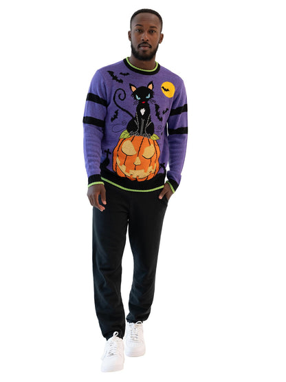 Blizzard Bay Men's Cat in The Graveyard Halloween Sweater, Graveyard Purple, X-Large