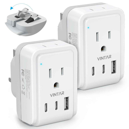 2 Pack Canada to UK Plug Adapter, VINTAR Foldable Type G Travel Adapter with 2 Outlets and 3 USB Ports(2 USB C), 5 in 1 Ireland Plug Adaptor for US to UK England London Scotland Irish 🍁 All In One Marketplace Canada