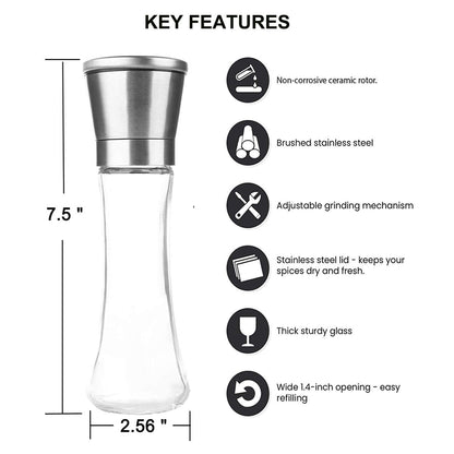 Pepper Grinder or Salt Grinder, Best Spice Mill with Ceramic Blades, Adjustable Coarseness, Brushed Stainless Steel Cap, and Refillable Tall Glass Body with 6OZ Capacity (7.5") 🍁 All In One Marketplace Canada
