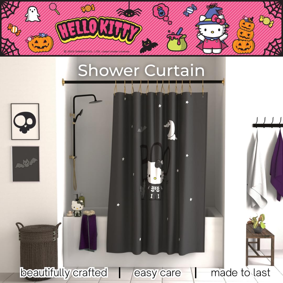 Sanrio Hello Kitty Skeleton Halloween 13-Piece Shower Curtain Set, 72 x 72 Inch Fabric Curtain with Hooks, Bathroom Decor, Machine Washable, (100% Officially Licensed Product) by Franco Collectibles