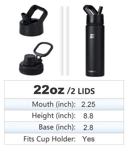 SUNWILL Metal Water Bottle with Straw 22 oz, Stainless Steel Insulated Flask for Cold and Hot Drink, Travel, Sports, Gym, Powder Coated Black 🍁 All In One Marketplace Canada
