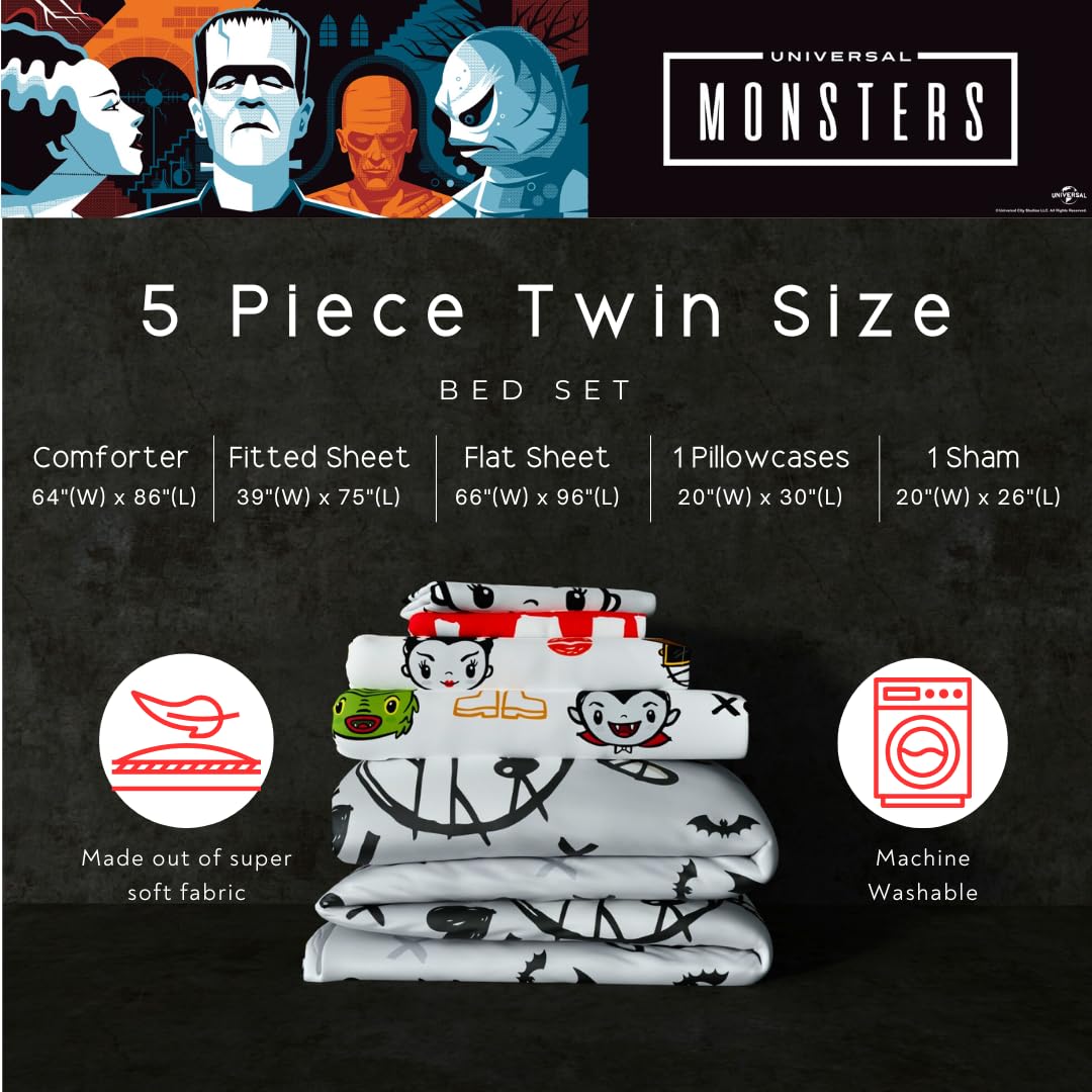 Universal Little Monsters Halloween 5 Piece Twin Bedding Set - Super Soft Cozy Reversible Comforter and Sheet Set with Sham, (Officially Licensed Product) by Franco