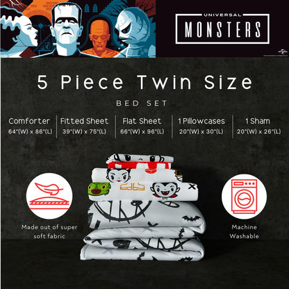 Universal Little Monsters Halloween 5 Piece Twin Bedding Set - Super Soft Cozy Reversible Comforter and Sheet Set with Sham, (Officially Licensed Product) by Franco