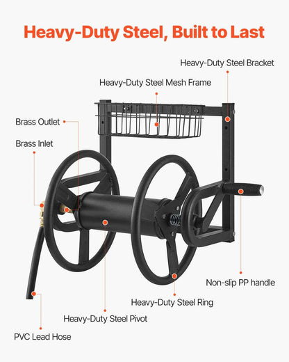 VEVOR Wall Mounted Garden Hose Reel, Holds 125 ft 5/8-inch Hose, Heavy-Duty Water Hose Winder, Space-Saving Design, Outdoor Manual Reel with Brass Fitting and Storage Basket for Yard Lawn 🍁 All In One Marketplace Canada