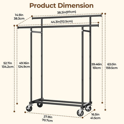 HYSEYY Double Rods Clothing Rack, Rolling Clothes Rack, Metal Garment Rack with 4 Lockable Wheels & Storage Shelf, Sturdy Coat Rack for Bedroom, Laundry, Living Room - 160H x 113W x 42D cm (Black) 🍁 All In One Marketplace Canada