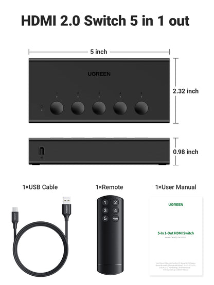 UGREEN HDMI Switch 5 in 1 Out 4K@60Hz, HDMI 2.0 Switcher 5 Port with IR Remote Selector Box 4K HDR 3D Dolby Vision Atmos CEC HDCP2.2, Compatible with PS5 4 3 Xbox Switch TV Black 🍁 All In One Marketplace Canada