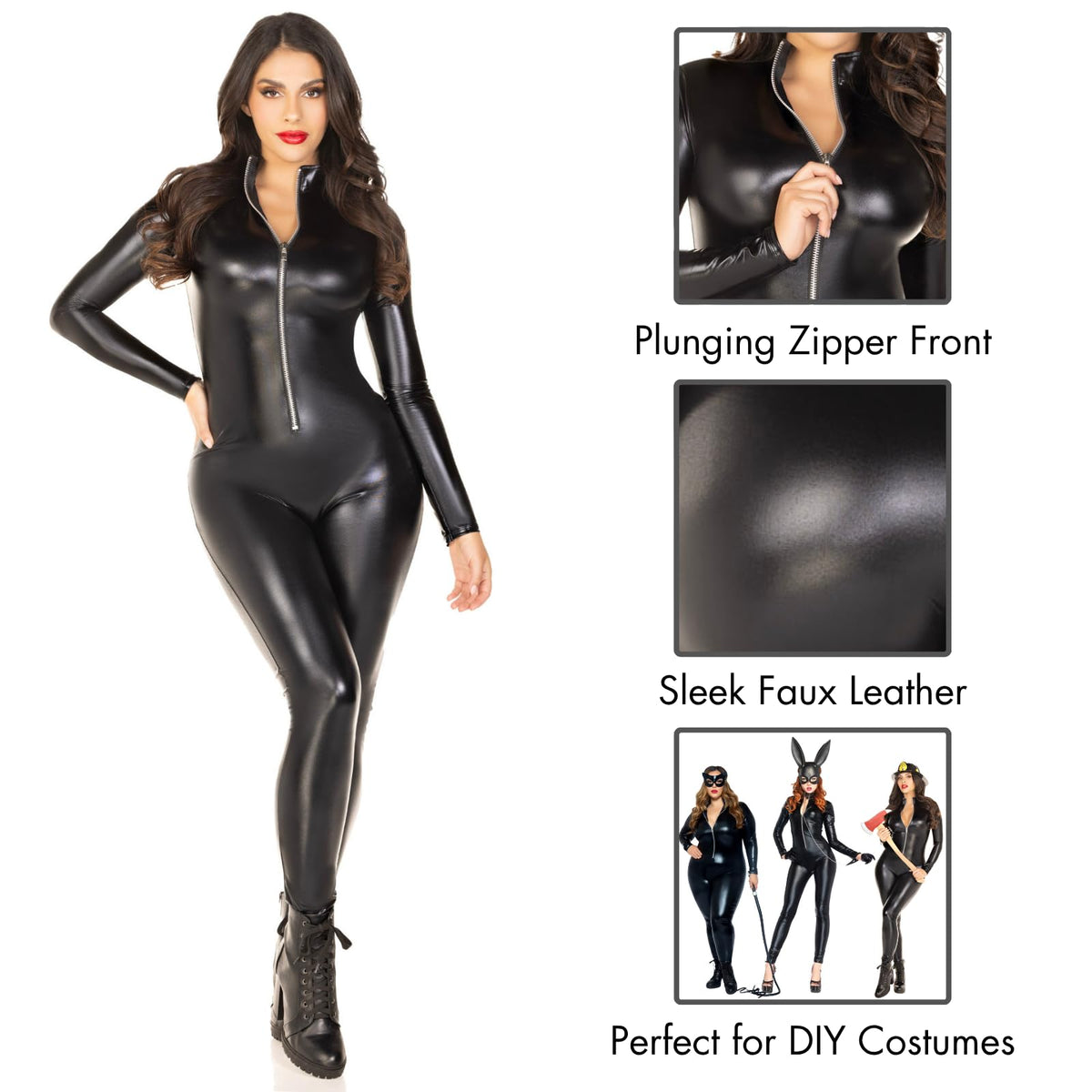 Leg Avenue Womens Wet Look Zipper Front Catsuit Sexy Halloween Costume, Black, 1X-2X