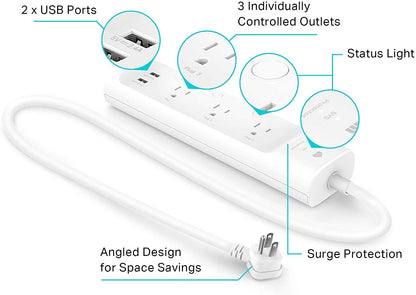 Kasa Smart Plug Power Strip by TP-Link (KP303) - Surge Protector with 3 Smart Outlets and 2 USB Ports, Works with Alexa Echo and Google Home, 2.4 Ghz Wifi Required, No Hub Required 🍁 All In One Marketplace Canada