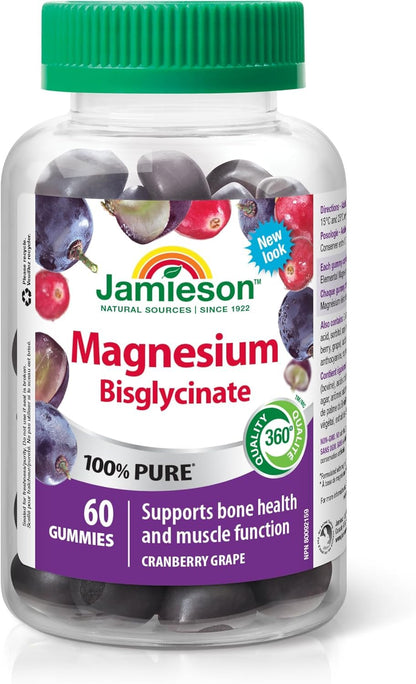 Jamieson 100% Pure Magnesium Bisglycinate 20 mg Gummies Cranberry Grape Flavour, Not Blended, Magnesium Oxide Free, Supports Bone Development and Muscle Function, Source of Electrolytes, No Artificial Colours, Flavours, or Preservatives, 60 Count
