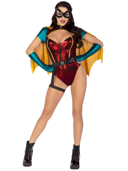 Leg Avenue Women’s 5 PC Sultry Sidekick Halloween Costume with Cape and Gloves, MEDIUM