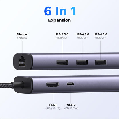 UGREEN Revodok USB C Hub 6-in-1, USB C to Ethernet Adapter with RJ45, 4K@30Hz HDMI, 3 USB 5Gbps, 100W Power Delivery, Compatible with MacBook Neo/Air/Pro,HP, ASUS, XPS13/15, Mac mini,iPad Pro and More 🍁 All In One Marketplace Canada