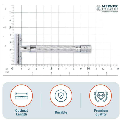 Merkur 23C 3-Piece DE Safety Razor, Closed Comb, Knurled Extra Long Handle, Chrome