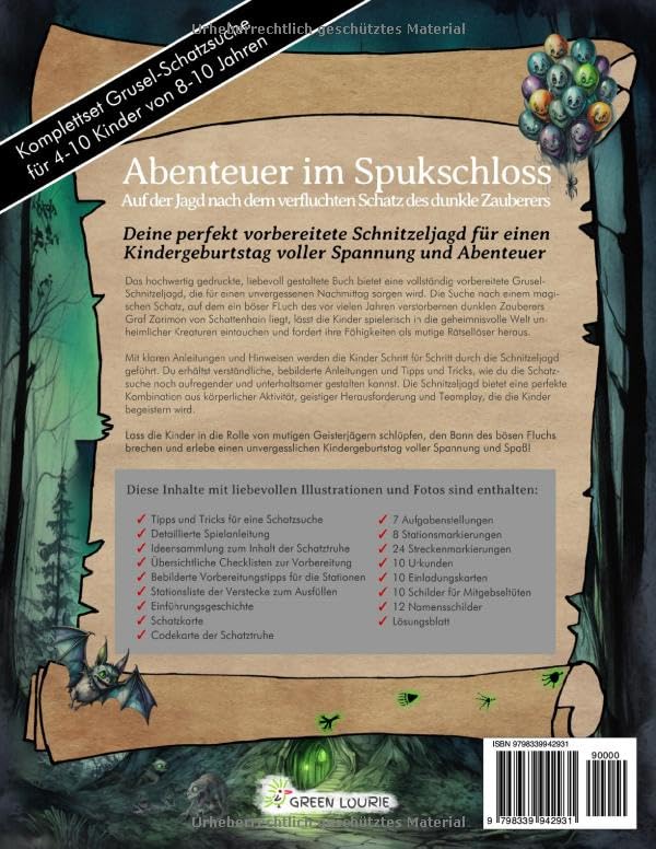 Grusel-Schatzsuche: Abenteuer im Spukschloss - Auf der Jagd nach dem verfluchten Schatz des dunklen Zauberers - Deine perfekt vorbereitete Schnitzeljagd für Kindergeburtstag oder Halloween: Komplettset Grusel-Schatzsuche "Spukschloss", Alter: 8-10 Jahre