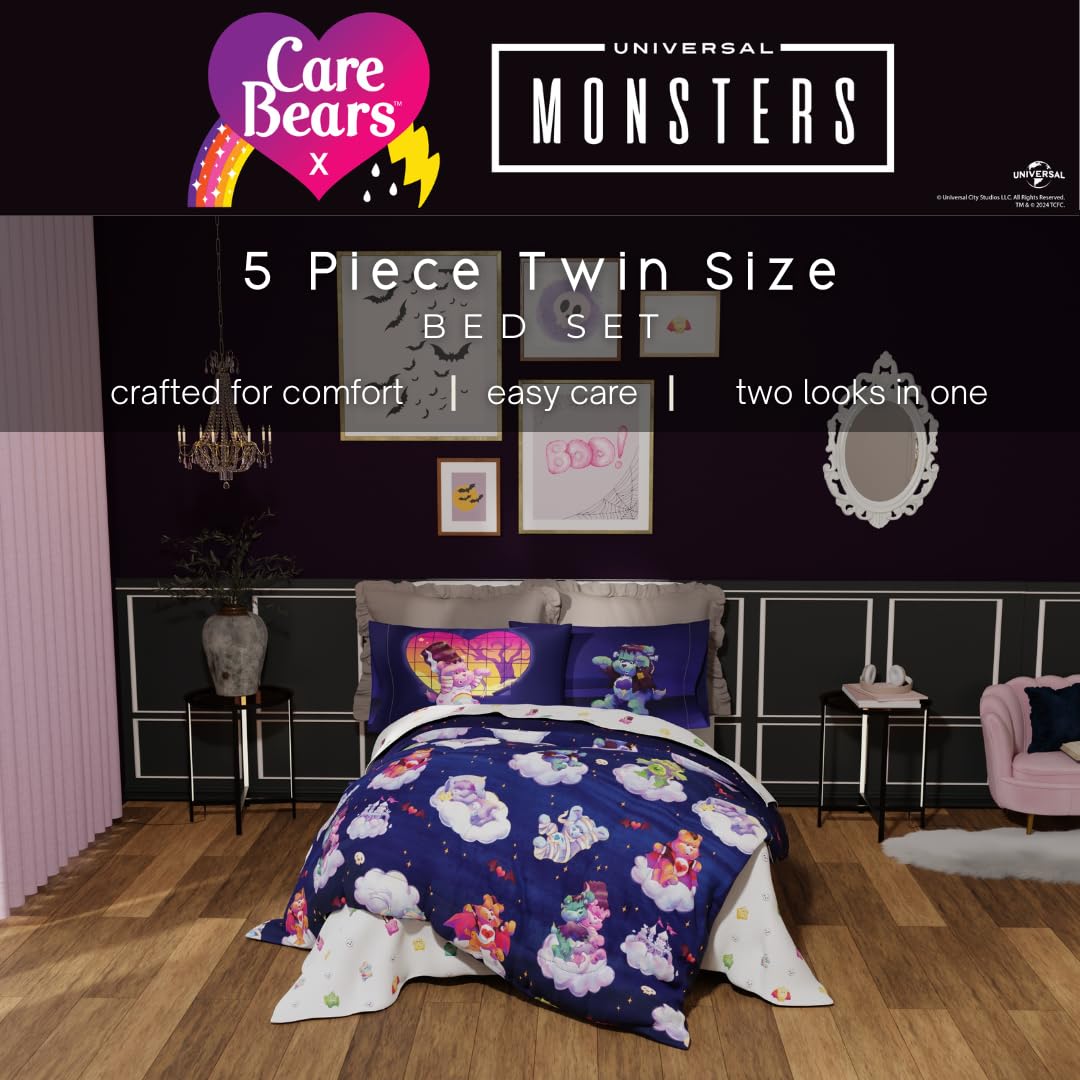 Franco Care Bears x Universal Monsters Halloween Bedding 5 Piece Super Soft Cozy Reversible Comforter and Sheet Set with Sham, Twin, (Officially Licensed Product)