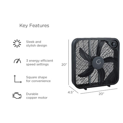 Genesis 20" Box Fan, 3 Settings, Max Cooling Technology, Carry Handle, Black (G20BOX-BLK) 🍁 All In One Marketplace Canada