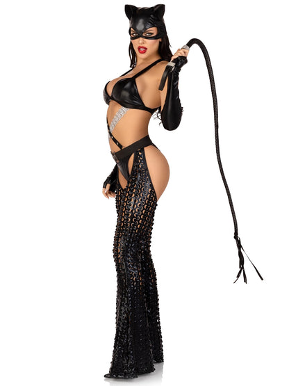 Leg Avenue Women’s 3 PC Mistress Kitty Halloween Costume with Catsuit, MEDIUM, Black