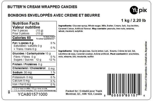 Yupik Butter'n Cream Candies, 1 kg, Individually Wrapped, Hard Candy, Rich & Creamy Butter Toffees, Sweet Flavor, Delicious Snacks, Ideal for Gifting, Halloween & Holidays