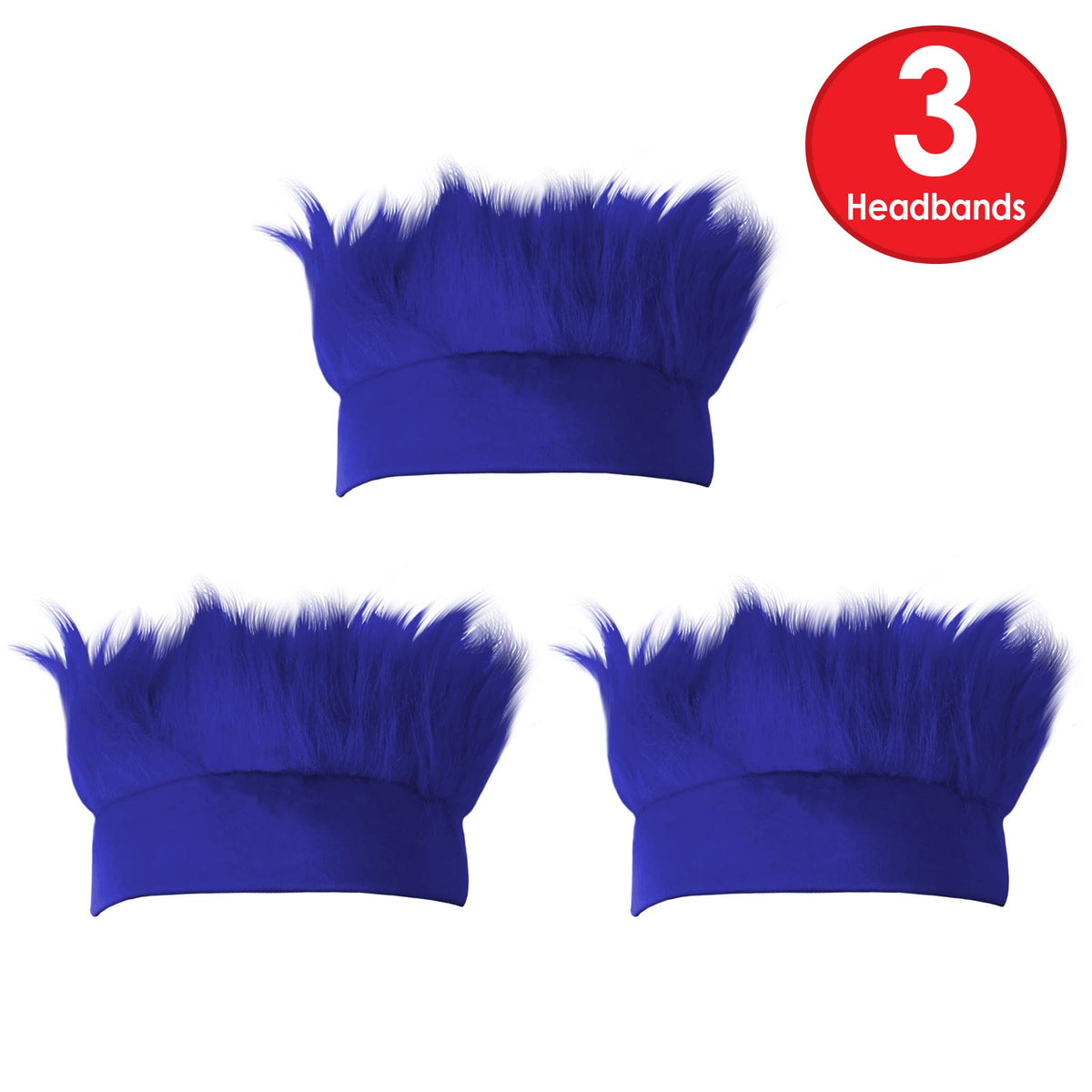 Beistle 3 Piece Blue Hairy Headband Hats, Troll Hair Costume Accessories For Halloween, School Spirit Headwear