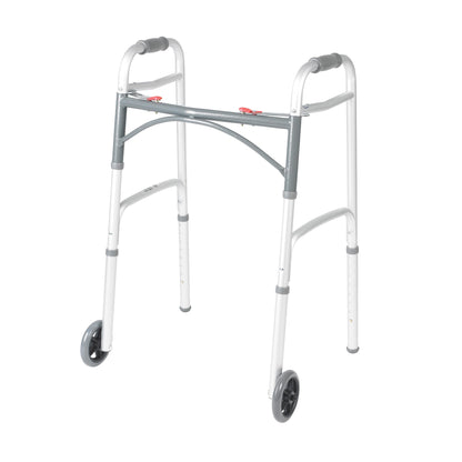 Drive Medical Two-Button Folding Walker w/ Wheels - Lightweight Rolling Mobility Support - Desk Arms - Adjustable Height - Dual Push-Button Operation - 5 Inch Front Wheels - Durable Aluminum - Silver 🍁 All In One Marketplace Canada