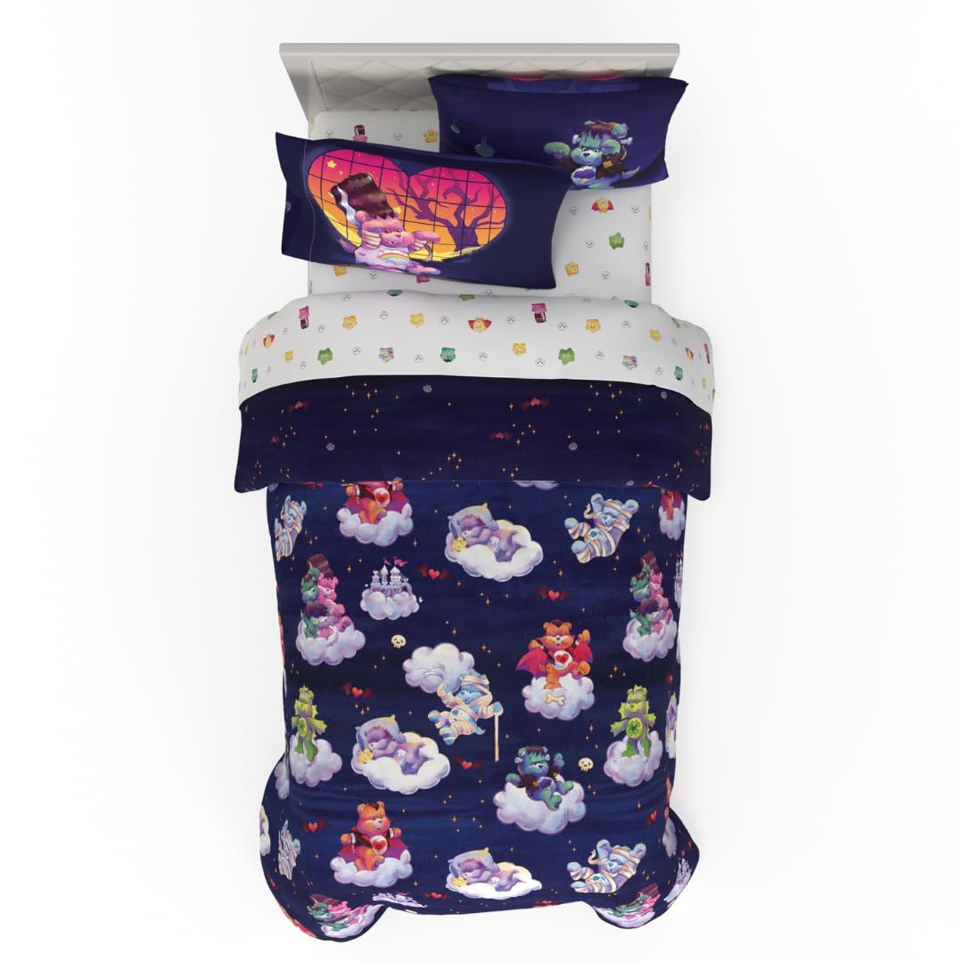 Franco Care Bears x Universal Monsters Halloween Bedding 5 Piece Super Soft Cozy Reversible Comforter and Sheet Set with Sham, Twin, (Officially Licensed Product)