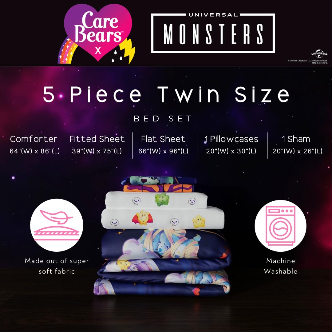 Franco Care Bears x Universal Monsters Halloween Bedding 5 Piece Super Soft Cozy Reversible Comforter and Sheet Set with Sham, Twin, (Officially Licensed Product)