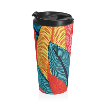 Tropical Feather Stainless Steel Travel Mug — Colorful Leaf Pattern, Insulated Coffee Tumbler - AURABAGS SHOP