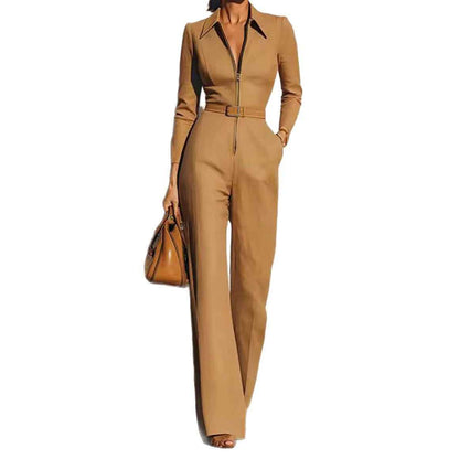Women’s Autumn Winter V-Neck Belted Long-Sleeve Jumpsuit – Zip-Up Straight-Leg One-Piece