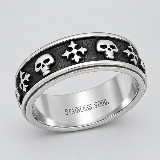 Men’s Two-Tone Stainless Steel Skull & Cross Biker Band Ring