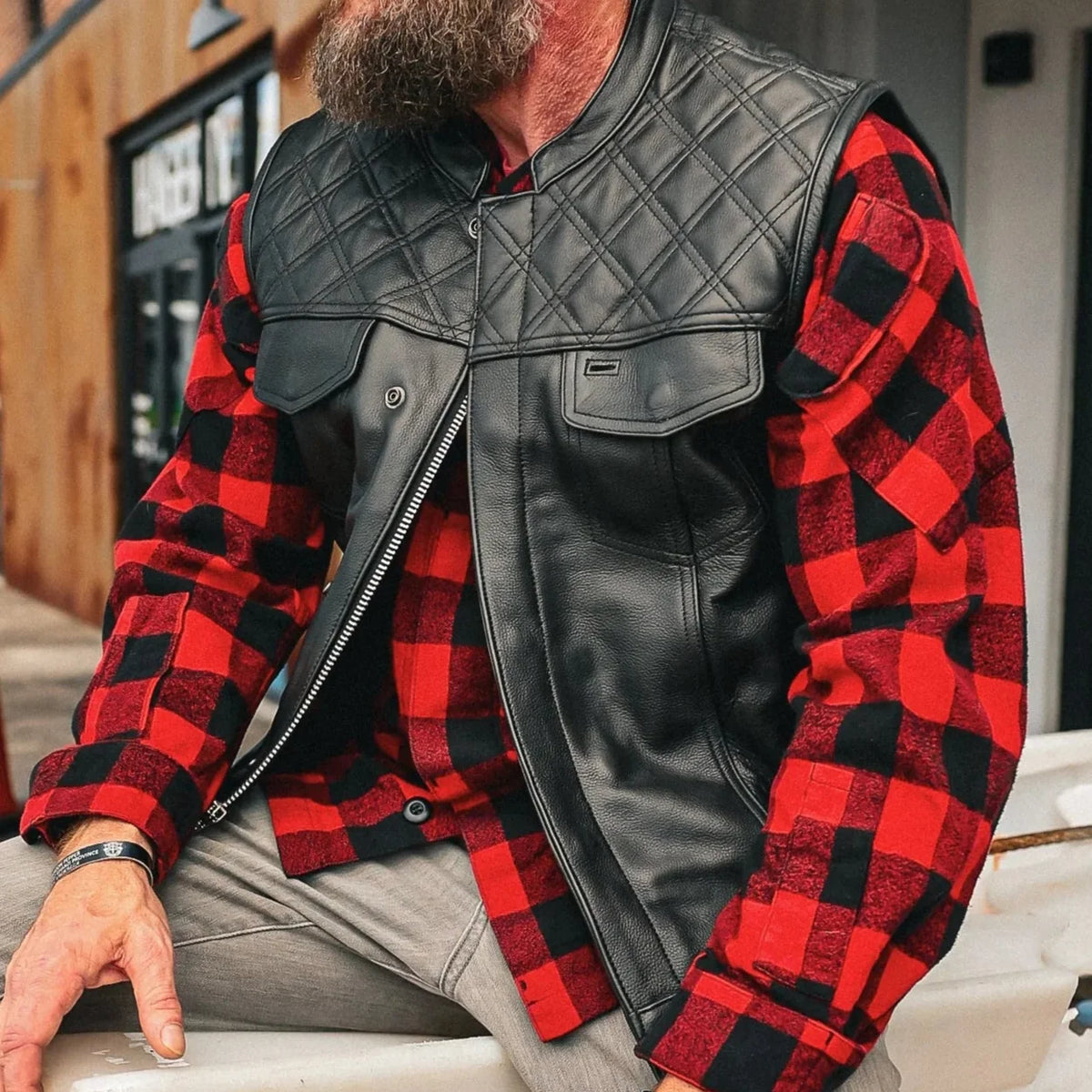 Open Road Men's Upside Leather with Black Stitched Diamonds Vest