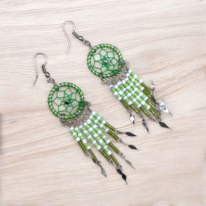 Green and White Beaded Dreamcatcher earrings