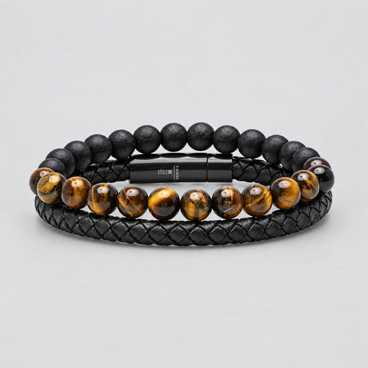 Men’s 2-Piece Bracelet Set. Brown Braided Leather & Tiger Eye with Black Lava Beads