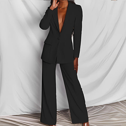 Women's Business Suit Set – Lapel Button-Down Blazer and Straight Leg Trousers