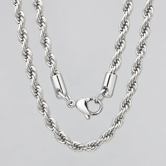 Men’s 24" Stainless Steel Silver Rope Chain Necklace. Heavy-Duty Biker Necklace