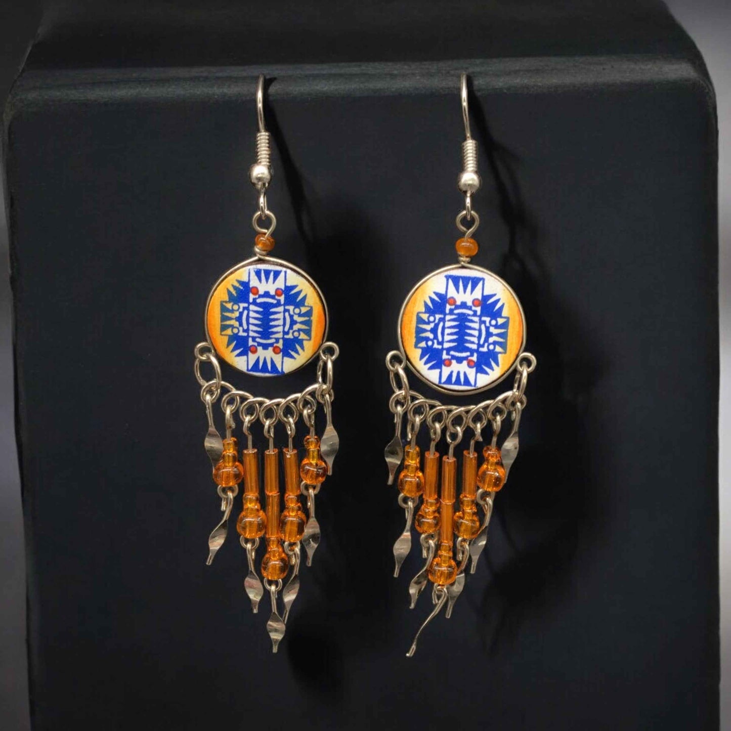 Orange and Blue Southwestern Round Shaped Dangle Earrings