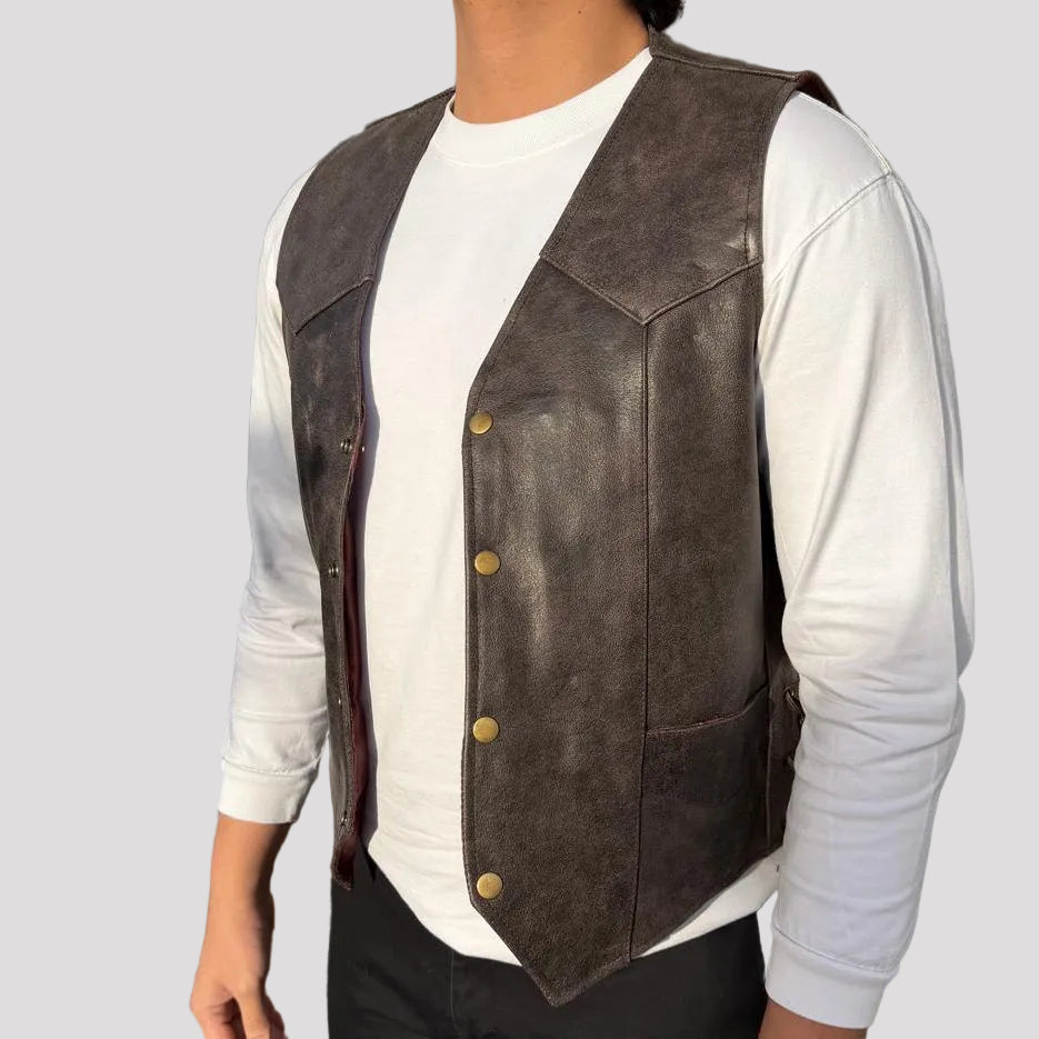 Men’s Buffalo Leather Biker Vest. Adjustable Side Lace Vest