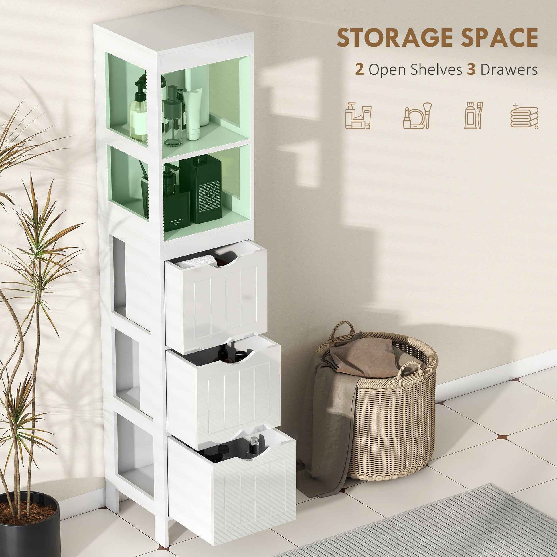Narrow Bathroom Storage Cabinet, Bathroom Cabinet with 3 Drawers & 2 Open Shelves, Slim Bathroom Floor Cabinet, White