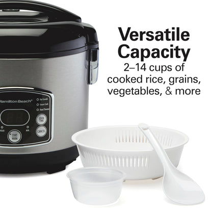 Hamilton Beach Digital Programmable Rice Cooker & Food Steamer, 14 Cups Cooked (7 Cups Uncooked), Stainless Steel, Steam & Rinse Basket, Delay Start, Model 37548MN 🍁 All In One Marketplace Canada