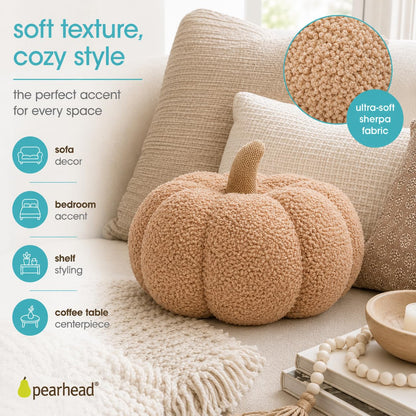 Pearhead Beige Sherpa Pumpkin, Plush Stuffed Halloween Home Decorations, Modern Fall Home Decor, Beige