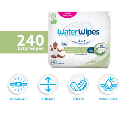 WaterWipes Sensitive+ Baby & Toddler Wipes, 3-In-1 Cleans, Cares, Protects, 99.9% Water, Textured Clean, Unscented & Hypoallergenic, 240 Count (4 Packs) 🍁 All In One Marketplace Canada