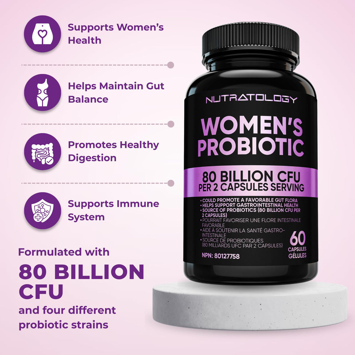 Nutratology® Probiotics for Women | Canadian-Made | 40 Billion CFUs per Capsule | Bloating Relief & Digestion | 4 Strains of Women's Probiotic for Gut Health | 60 Capsules 🍁 All In One Marketplace Canada