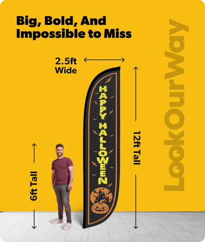 LookOurWay Happy Halloween Black Feather Flag, 12'