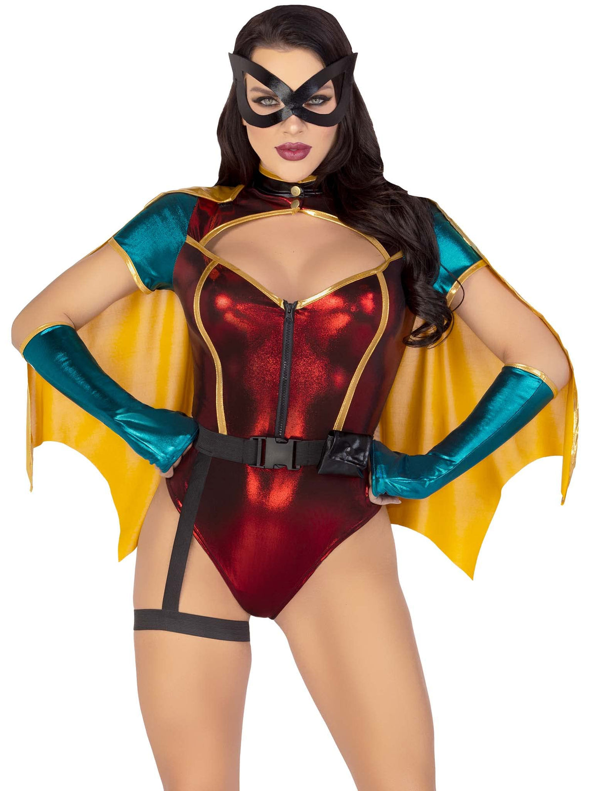Leg Avenue Women’s 5 PC Sultry Sidekick Halloween Costume with Cape and Gloves, MEDIUM