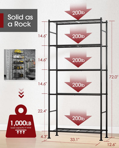 Sakugi 5 Tier Shelf - Heavy Duty Metal Storage Shelves with Adjustable Leveling Feet, Large Capacity Shelving Unit with Multiple Hooks for Kitchen, Pantry, Office (84 x 32 x 183 cm, Black) 🍁 All In One Marketplace Canada