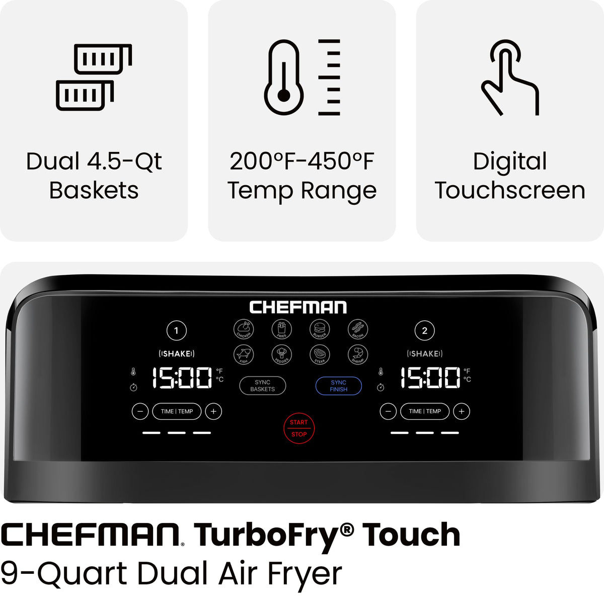 Chefman TurboFry 9-Qt. Dual-Basket Air Fryer with Sync Finish, One-Touch Digital Control, & Shake Reminder for Quick, Healthy, Family-Sized Meals, Black 🍁 All In One Marketplace Canada