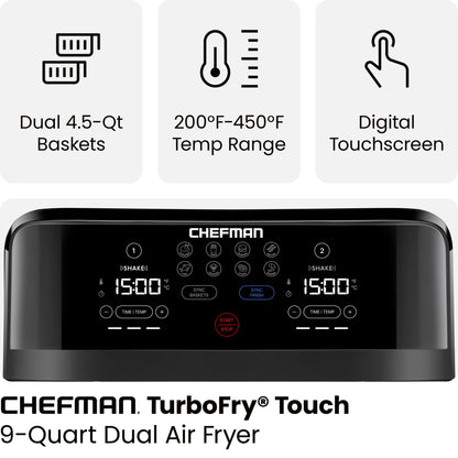 Chefman TurboFry 9-Qt. Dual-Basket Air Fryer with Sync Finish, One-Touch Digital Control, & Shake Reminder for Quick, Healthy, Family-Sized Meals, Black 🍁 All In One Marketplace Canada